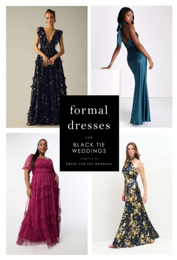 collage of 4 formal dresses on models