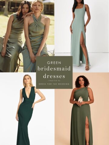 collage of models wearing various shades of green dresses