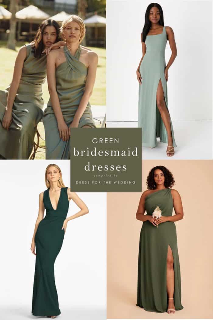 collage of models wearing various shades of green dresses