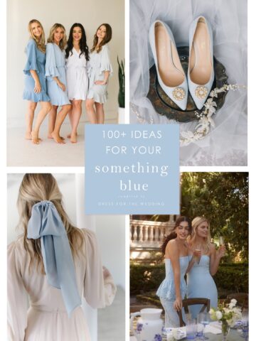 Collage of blue items for a wedding, blue robes, blue heels, blue bow, and blue bridesmaid dresses