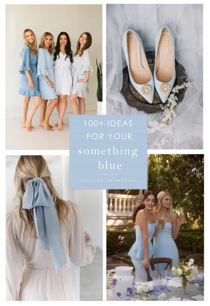 Collage of blue items for a wedding, blue robes, blue heels, blue bow, and blue bridesmaid dresses