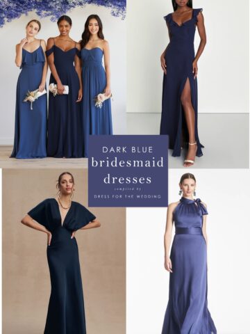 Collage for cover of an article showing 4 squares of models wearing dark blue formal dresses. Text that reads dark blue bridesmaid dresses.