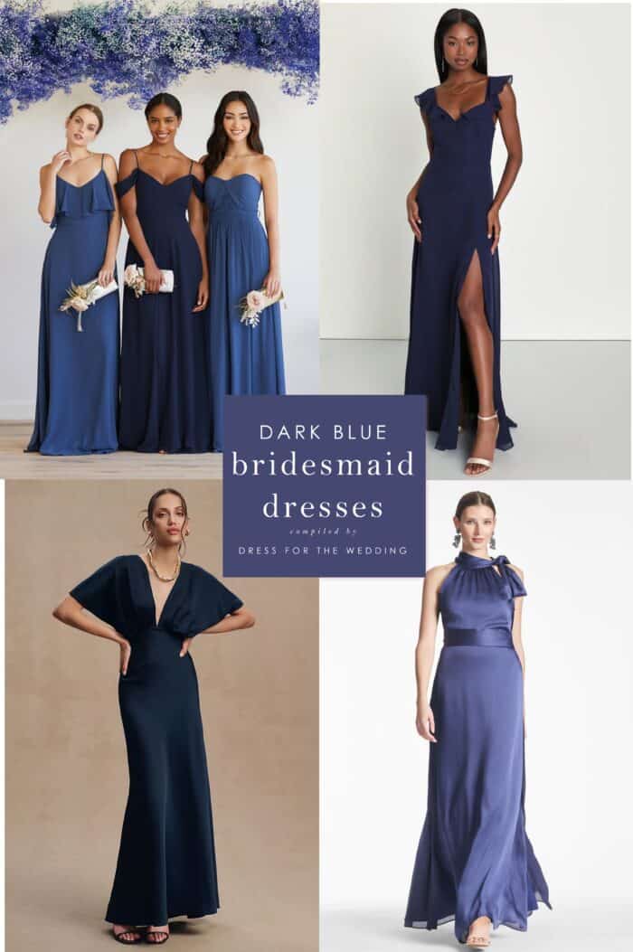 Collage for cover of an article showing 4 squares of models wearing dark blue formal dresses. Text that reads dark blue bridesmaid dresses.