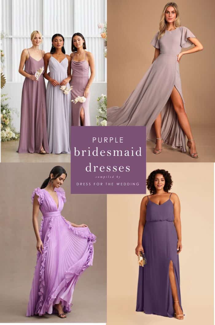 Cover image collage showing 4 squares of models wearing purple dresses and gowns. Text that reads purple bridesmaid dresses.