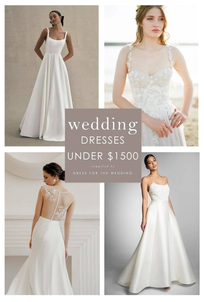 Collage of 4 images of wedding dresses on models