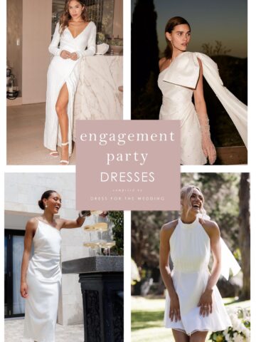 collage of 4 models showing white dresses for engagement parties