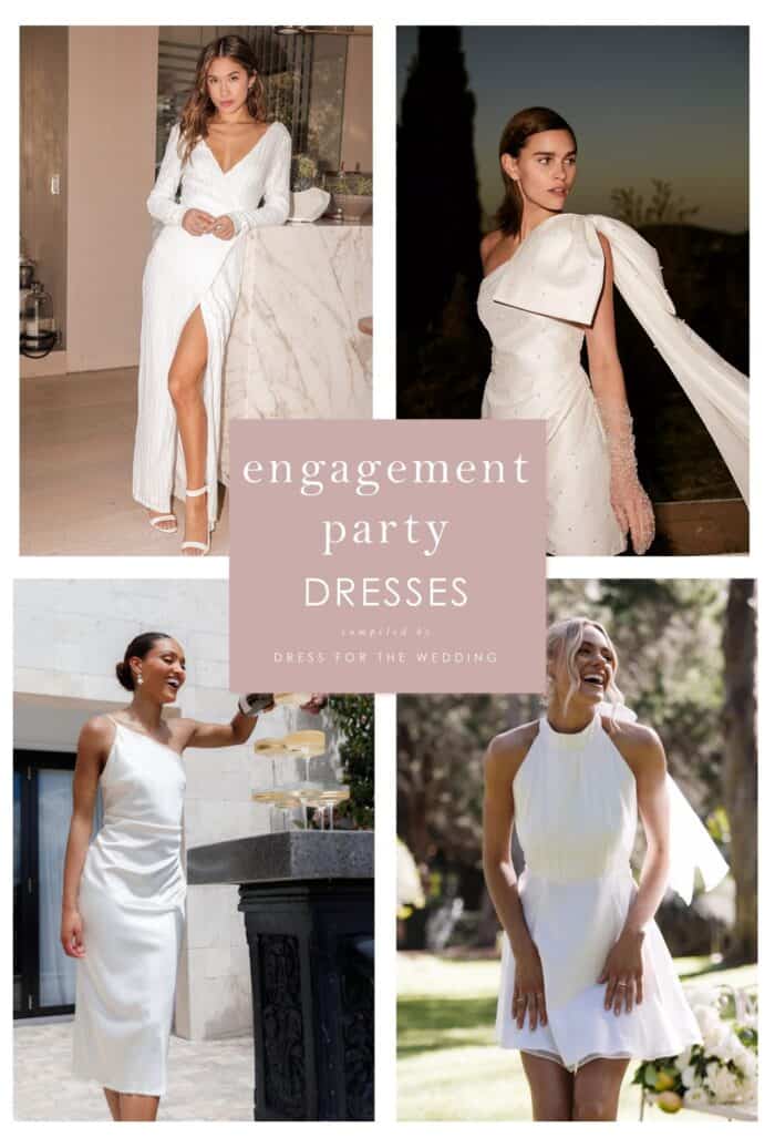 collage of 4 models showing white dresses for engagement parties