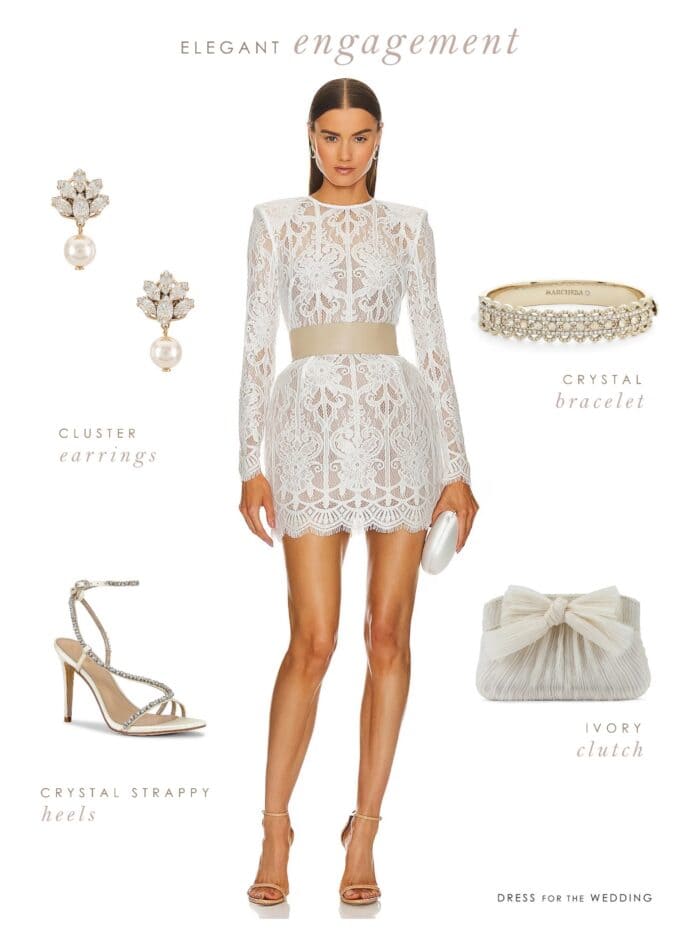 Styles collage featuring a short ivory lace dress with long sleeves and a belt and earrings, designer wedding shoes, bracelet and clutch