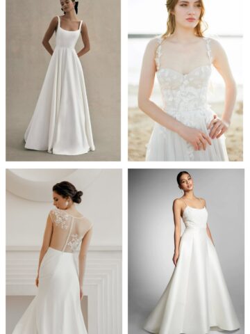 Collage of 4 images of wedding dresses shown on models