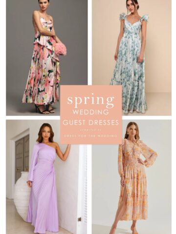 Collage of 4 images of 4models wearing spring dresses