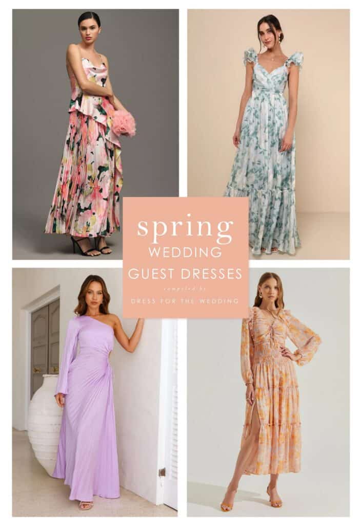 Collage of 4 images of 4models wearing spring dresses