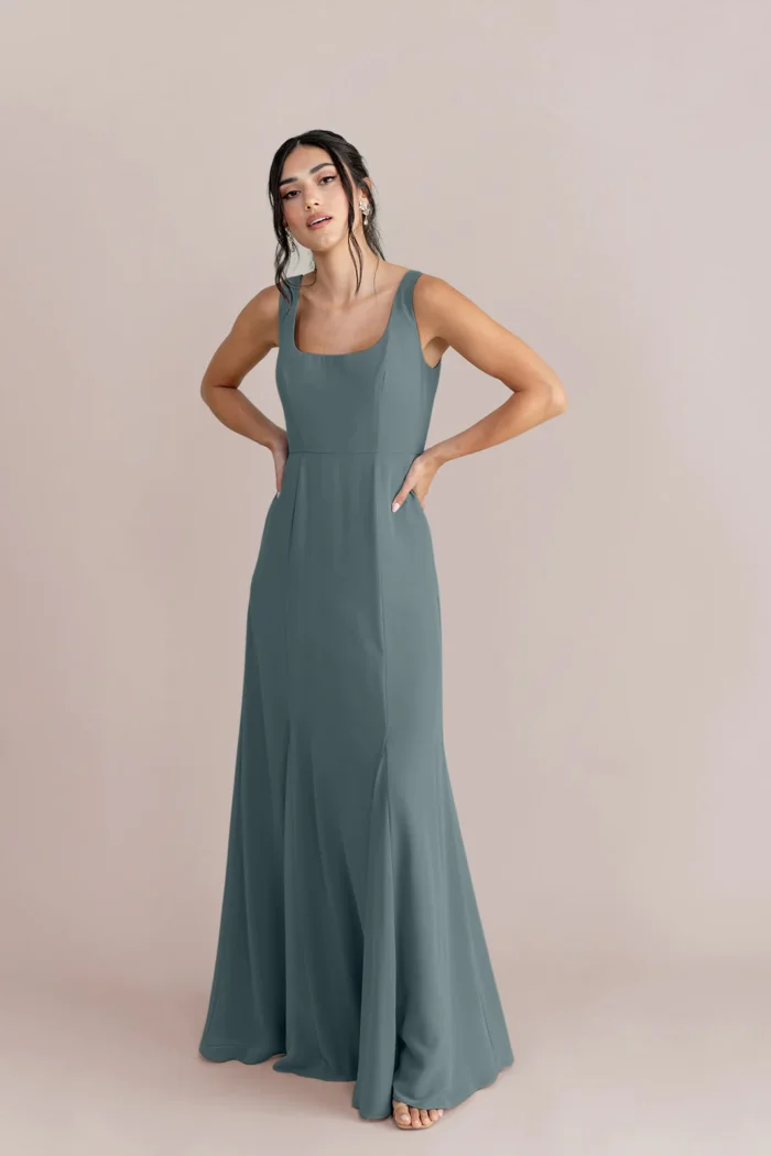 Square neck long muted green bridesmaid dress on model