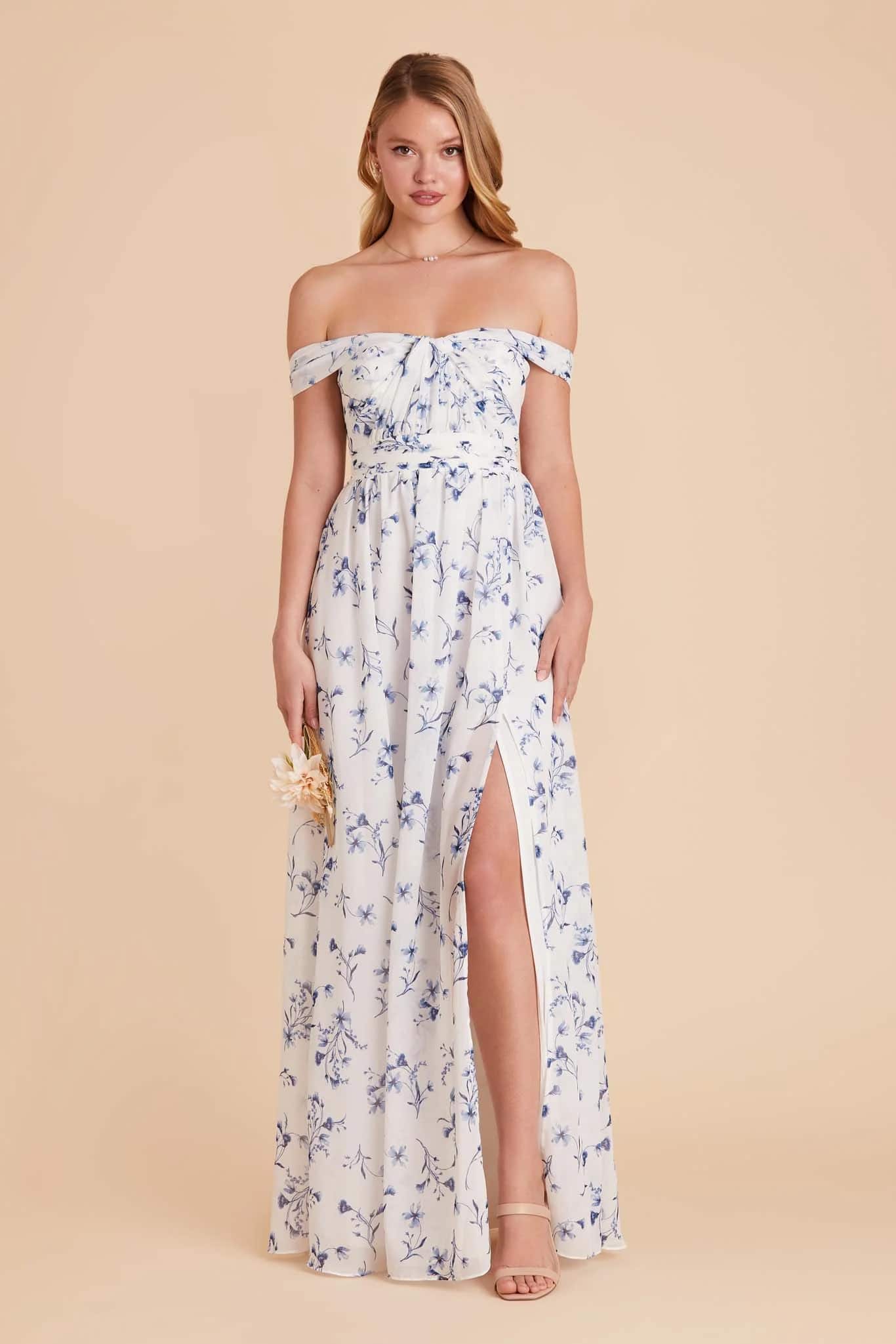 Blue Ruffled Floral Bridesmaid Dress with Slit