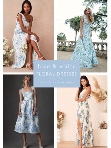 Collage of models wearing blue floral dresses for bridesmaids.