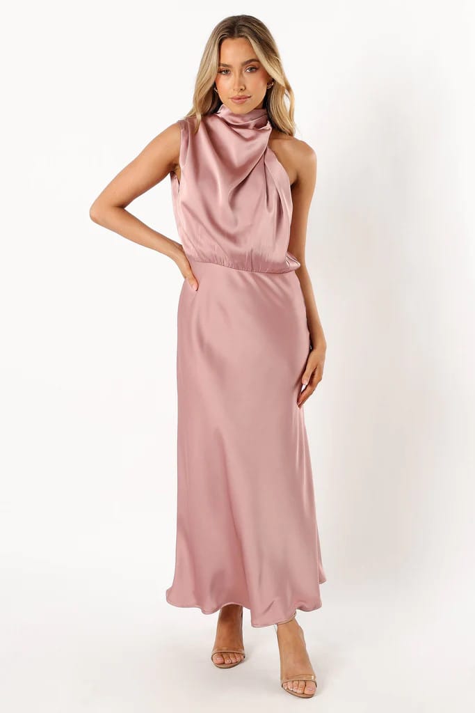 Pink high neck satin midi dress on model.