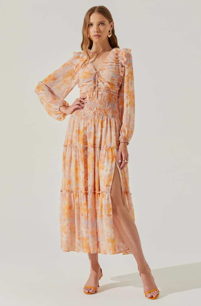 Peach floral long sleeve dress for spring outdoor wedding