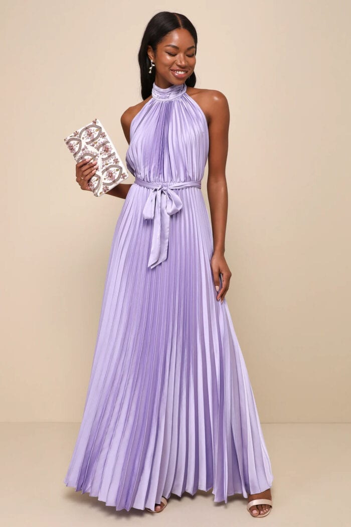 Purple pleated satin maxi dress on model