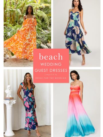 Collage showing 4 images of models wearing tropical dresses for cover of article on beach wedding guest dresses