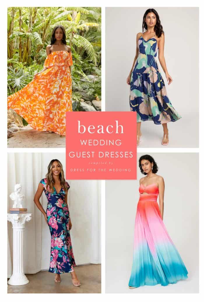 Collage showing 4 images of models wearing tropical dresses for cover of article on beach wedding guest dresses