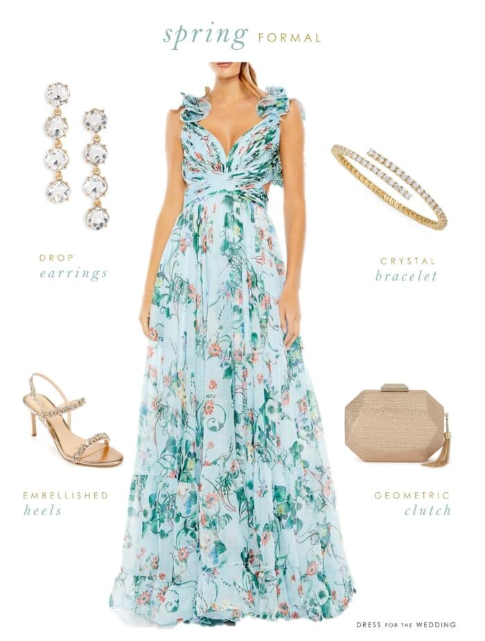 Spring formal outfit showing a blue floral gown, crystal drop earrings, embellished sandals, crystal bracelet and gold clutch in a collage.