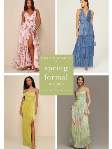 Collage of models wearing dresses that show 4 formal spring dresses in pink, blue, yellow and pale green styles.