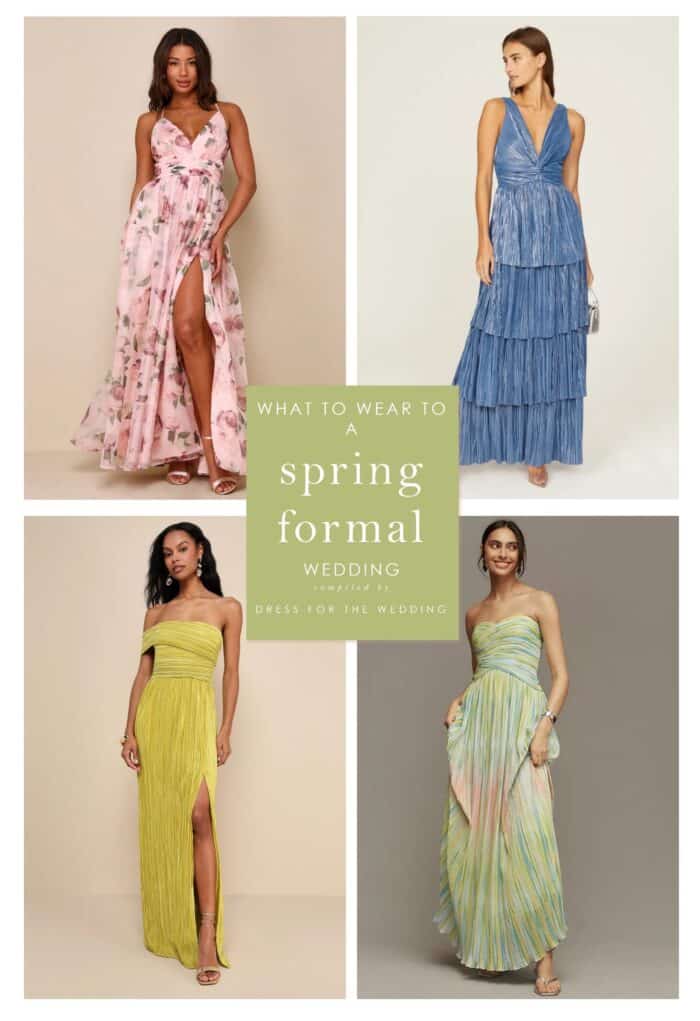 Collage of models wearing dresses that show 4 formal spring dresses in pink, blue, yellow and pale green styles.