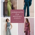 Collage of dressy jumpsuits on models in green, teal, blue and purple