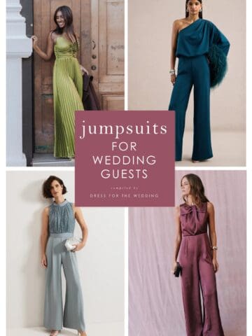 Collage of dressy jumpsuits on models in green, teal, blue and purple