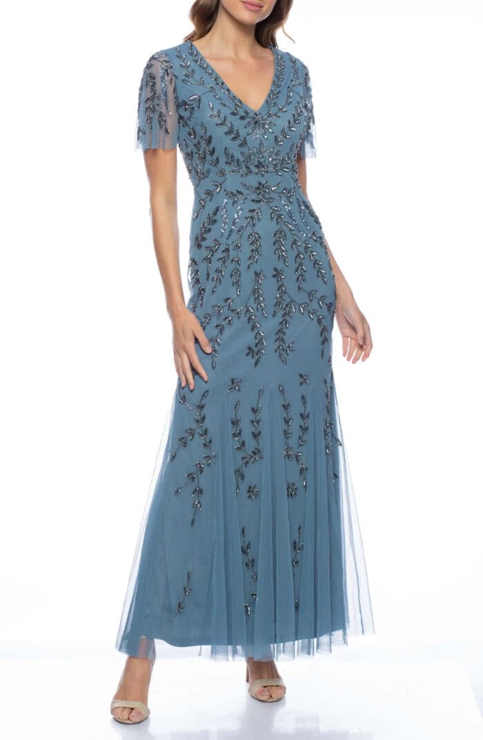 blue beaded gown