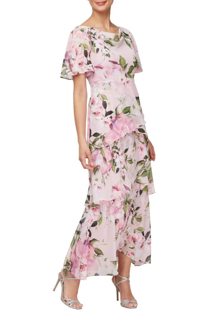 Pink floral midi dress with short sleeves