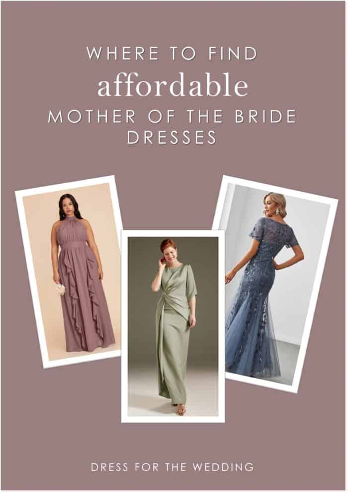 Collage of affordable mother of the bride dresses with text