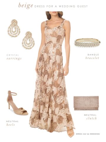 Collage featuring a beige dress with earrings, bracelet, gold clutch and neutral high heels as an example of an appropriate wedding guest outfit.