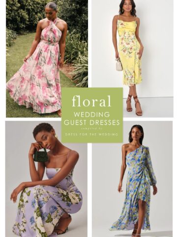 Collage of 4 images of models wearing the following floral dresses: pink floral maxi, yellow floral cocktail midi dress, purple floral gown, one shoulder blue maxi dress.