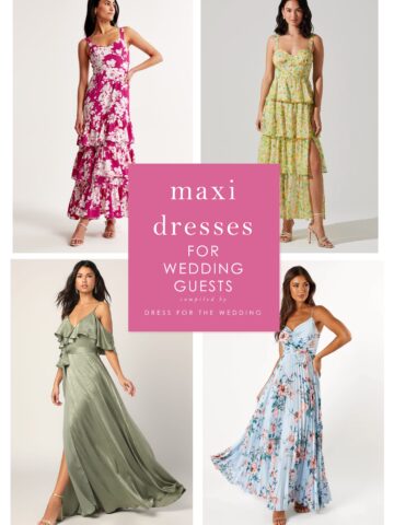Collage of maxi dresses in pink, yellow green and blue floral patterns