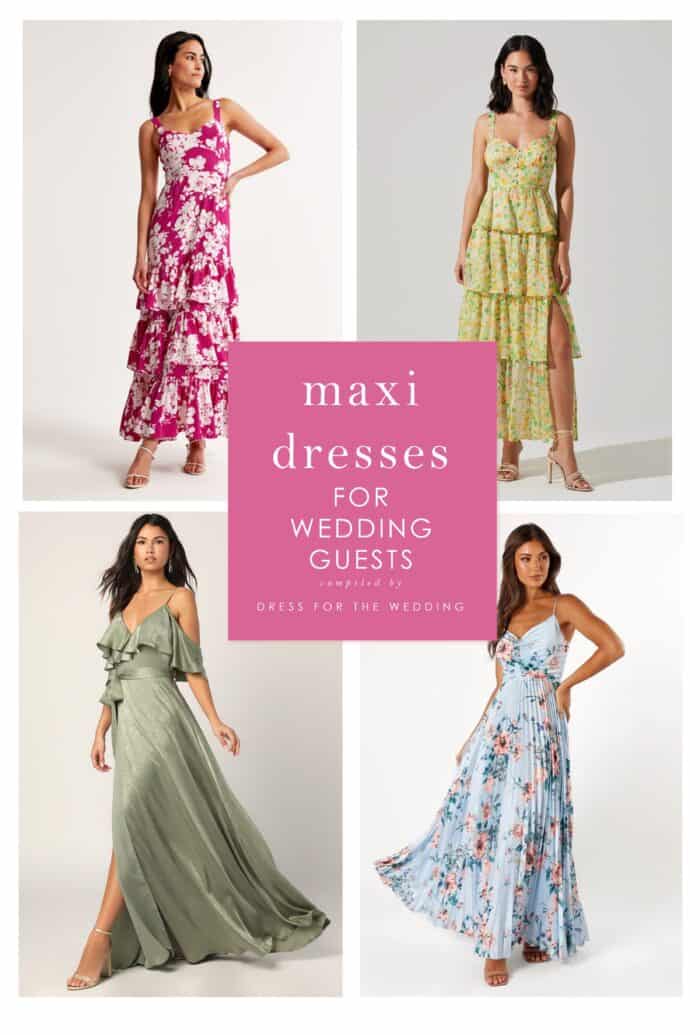 Collage of maxi dresses in pink, yellow green and blue floral patterns