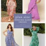 Collage showing wedding guest dresses in plus sizes