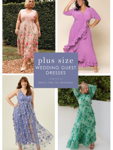 Collage showing wedding guest dresses in plus sizes