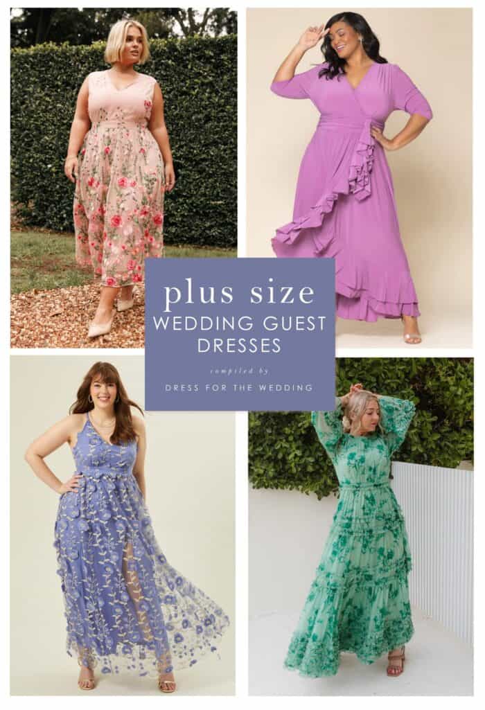 Collage showing wedding guest dresses in plus sizes