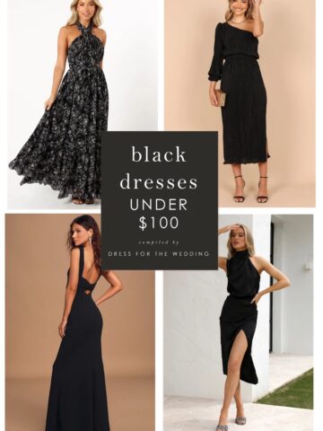 Collage of black dresses on models. All dresses are under $100