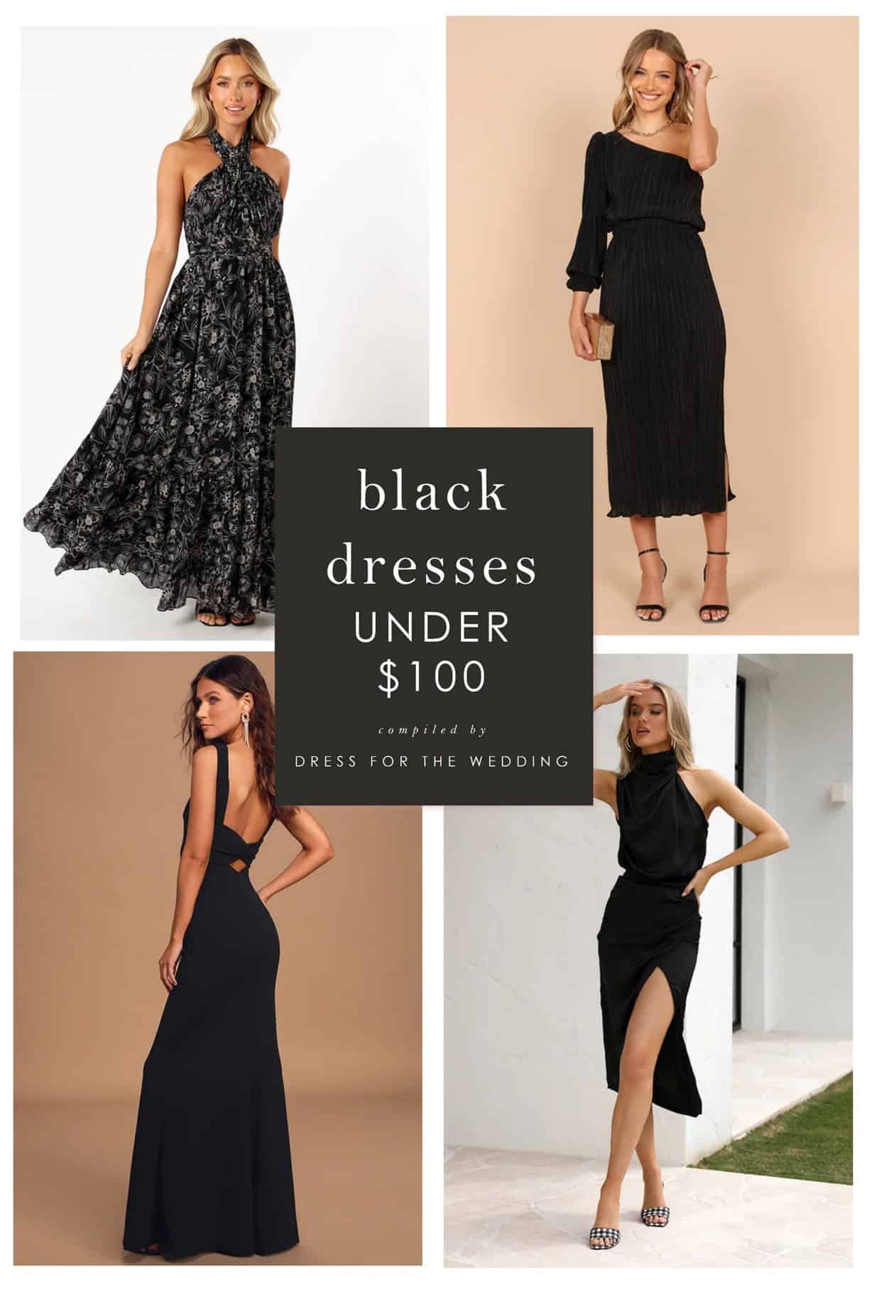 Collage of black dresses on models. All dresses are under $100