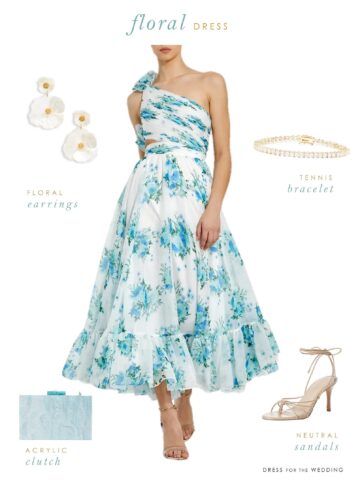 Collage of an outfit with a blue and white floral dress, shoes, clutch and bracelet