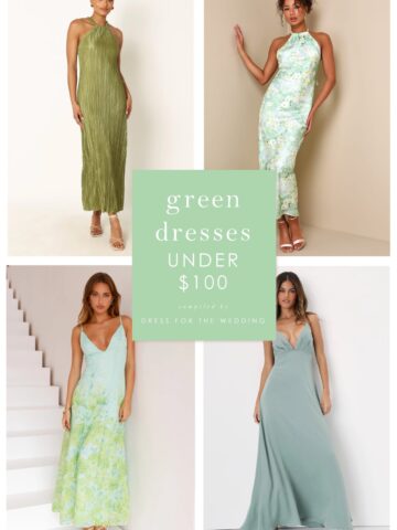 Collage of green dresses under $100 shown on models