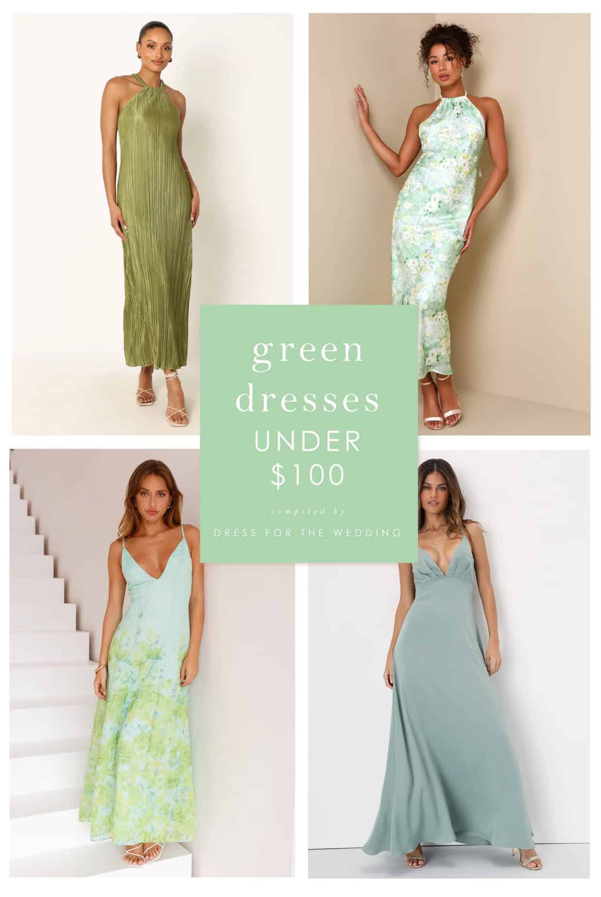 Collage of green dresses under $100 shown on models