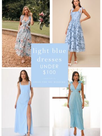 Collage of product images for light blue dresses under 100 shown in a square
