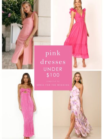 collage of women models wearing pink dresses