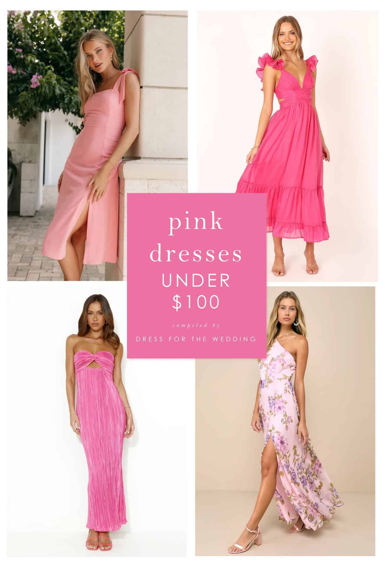 collage of women models wearing pink dresses