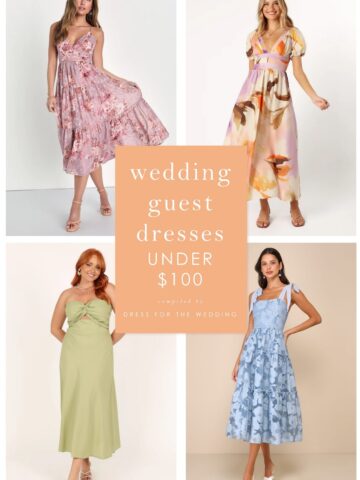 Collage of women wearing colorful pastel dresses that are under $100
