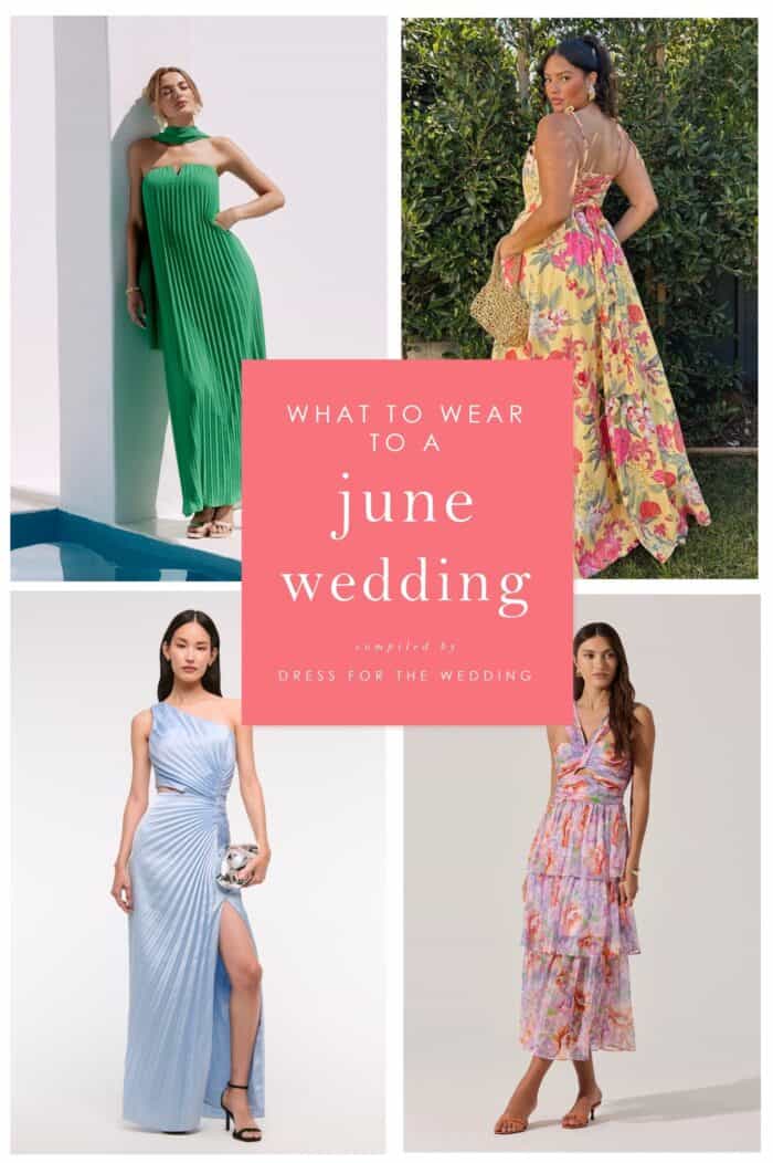 Collage of 4 dresses showing suggestions for an article on what to wear to a June wedding