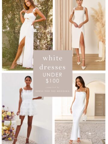 Collage of 4 squares of photos of models wearing white dresses in short, midi and maxi styles.
