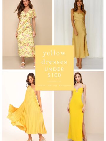 Collage of 4 yellow dresses on models